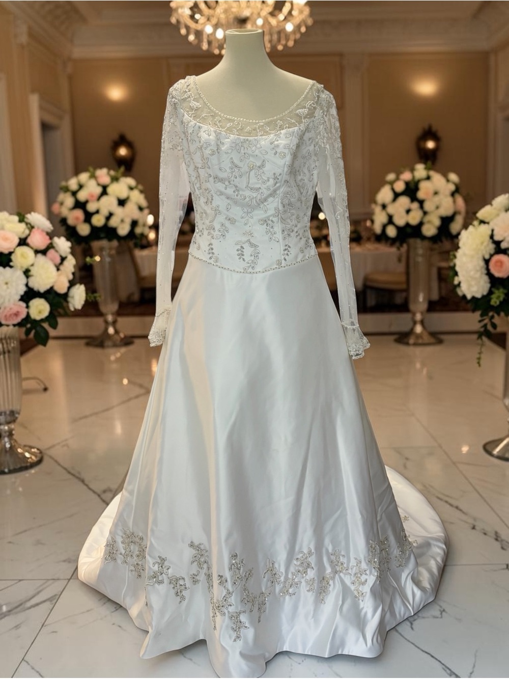 Elegant White Beaded Long-Sleeve Wedding Dress